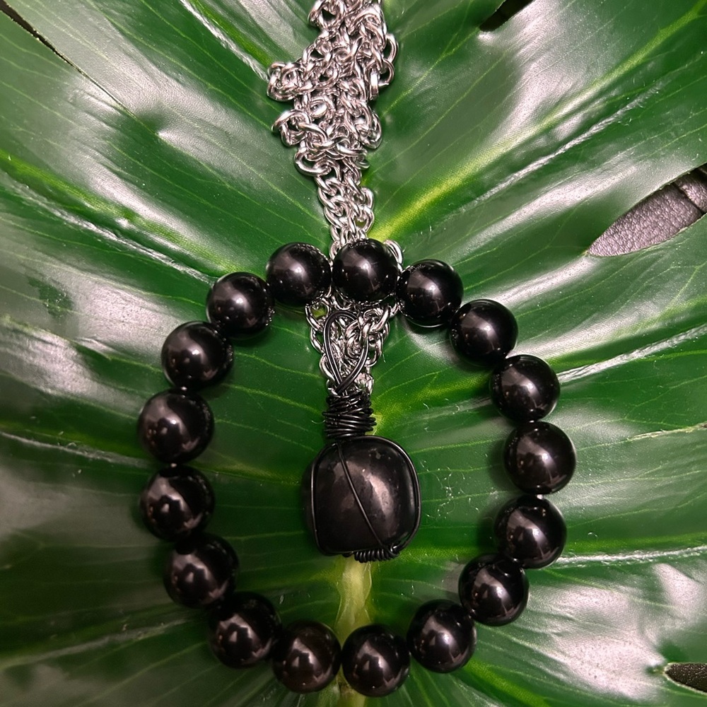 GORGEOUS SILVER OBSIDIAN wire wrapped chunky pendant & bracelet set ARTISAN MADE